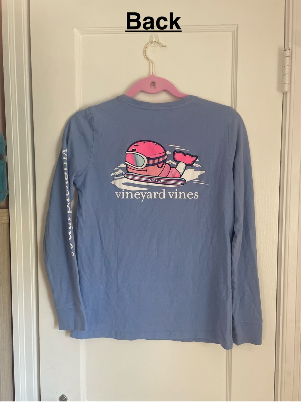 Vineyard Vines Blue Long-Sleeve Tee with Pink Whale Helmet Graphic